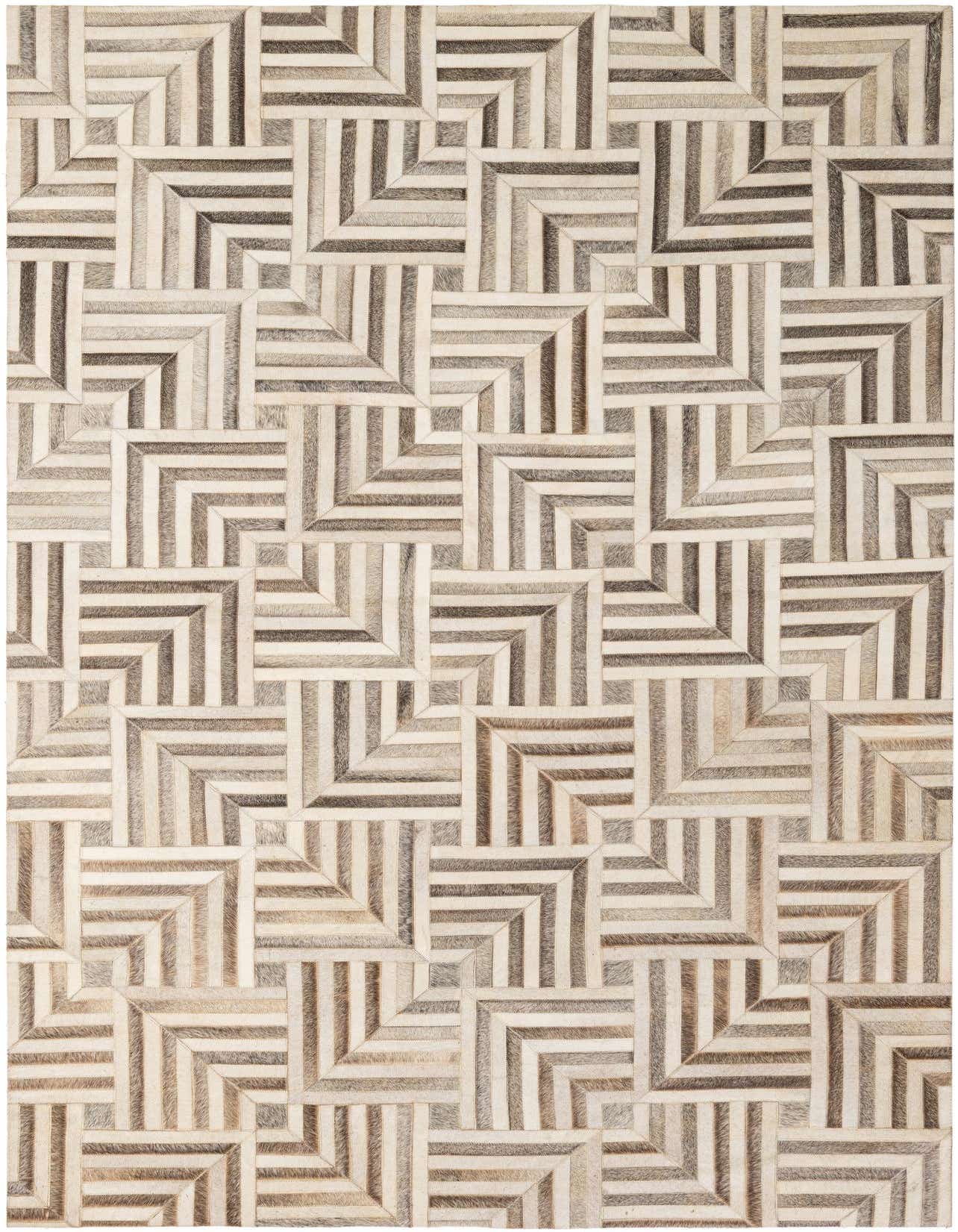 A 5x8 rectangular Cowhide Patchwork rug featuring a modern geometric pattern in shades of multi-colored natural cowhide.