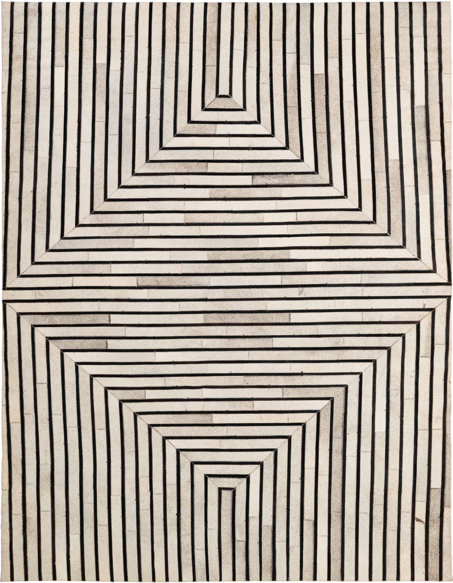 A 5x8 rectangular Cowhide Patchwork rug featuring a modern geometric pattern of concentric squares in black and off-white tones.