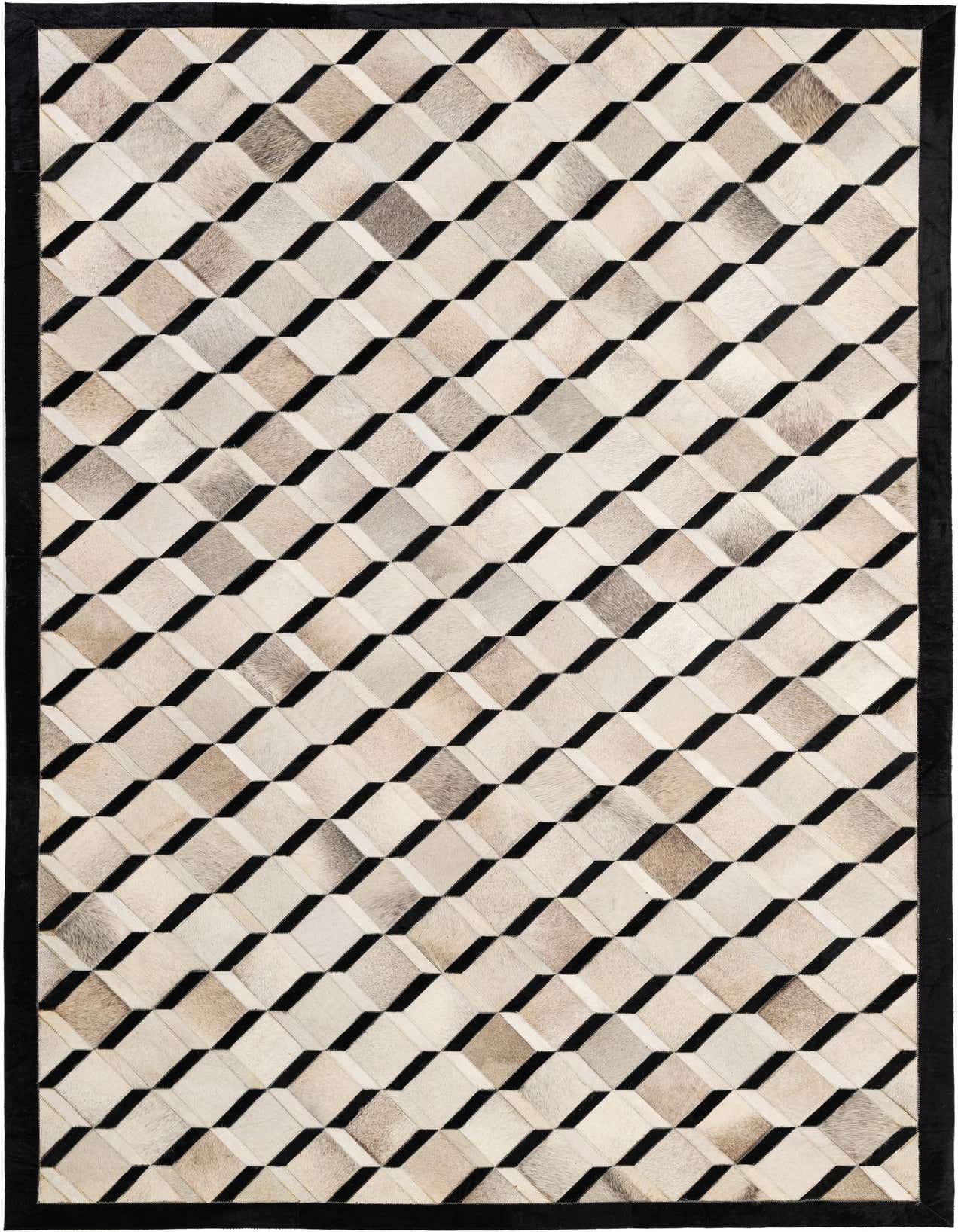 A 5x8 rectangular Cowhide Patchwork rug featuring a modern geometric pattern of multi-colored diamond shapes with a black border.