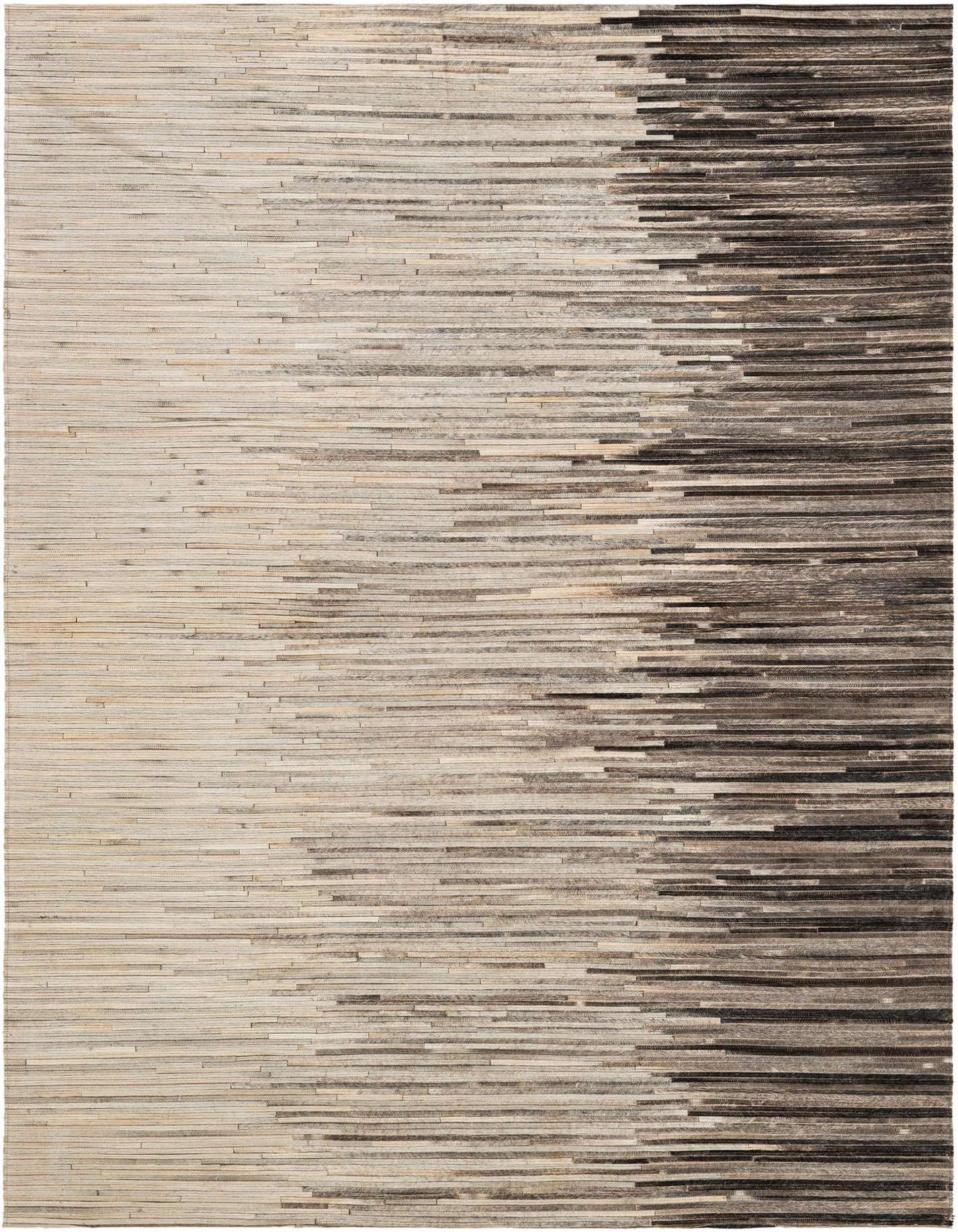 A 5x8 rectangular Cowhide Patchwork rug with a modern stripe pattern, featuring a gradient from light beige to dark brown.
