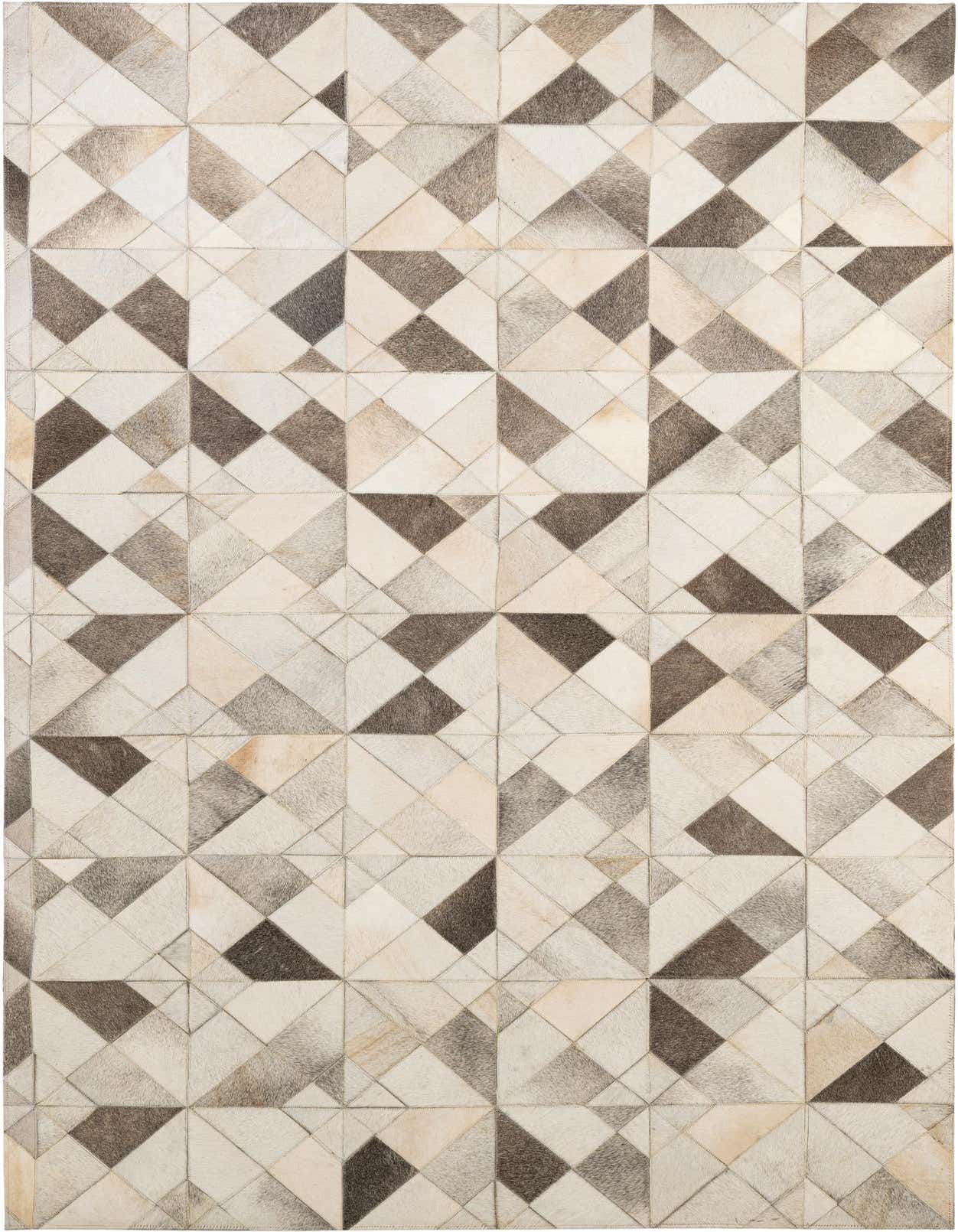 A 5x8 rectangular Cowhide Patchwork rug with a modern geometric pattern in shades of multi-colored brown, beige, and white.