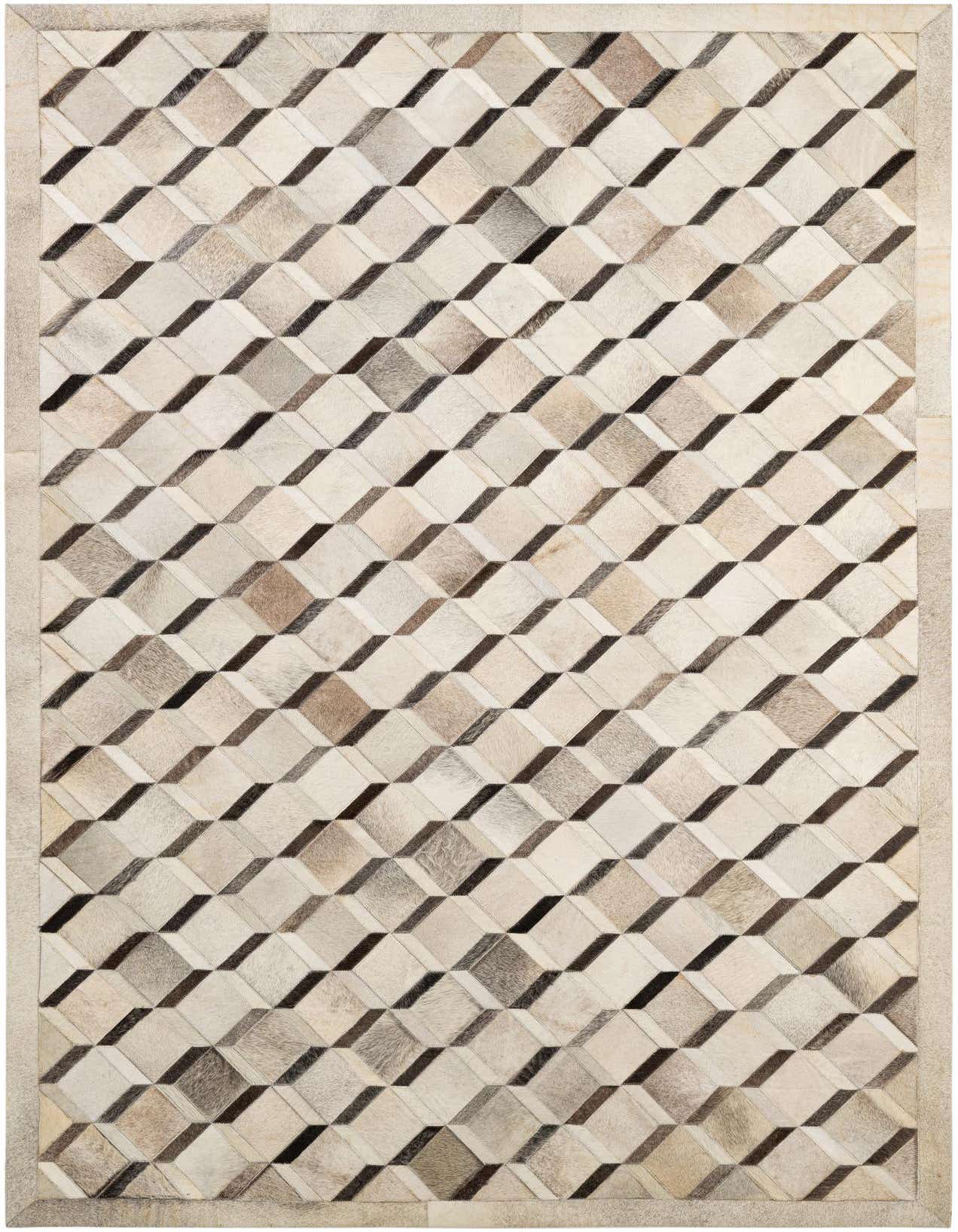 A 5x8 rectangular Cowhide - Patchwork rug featuring a multi-colored geometric cube pattern, perfect for a modern living room.