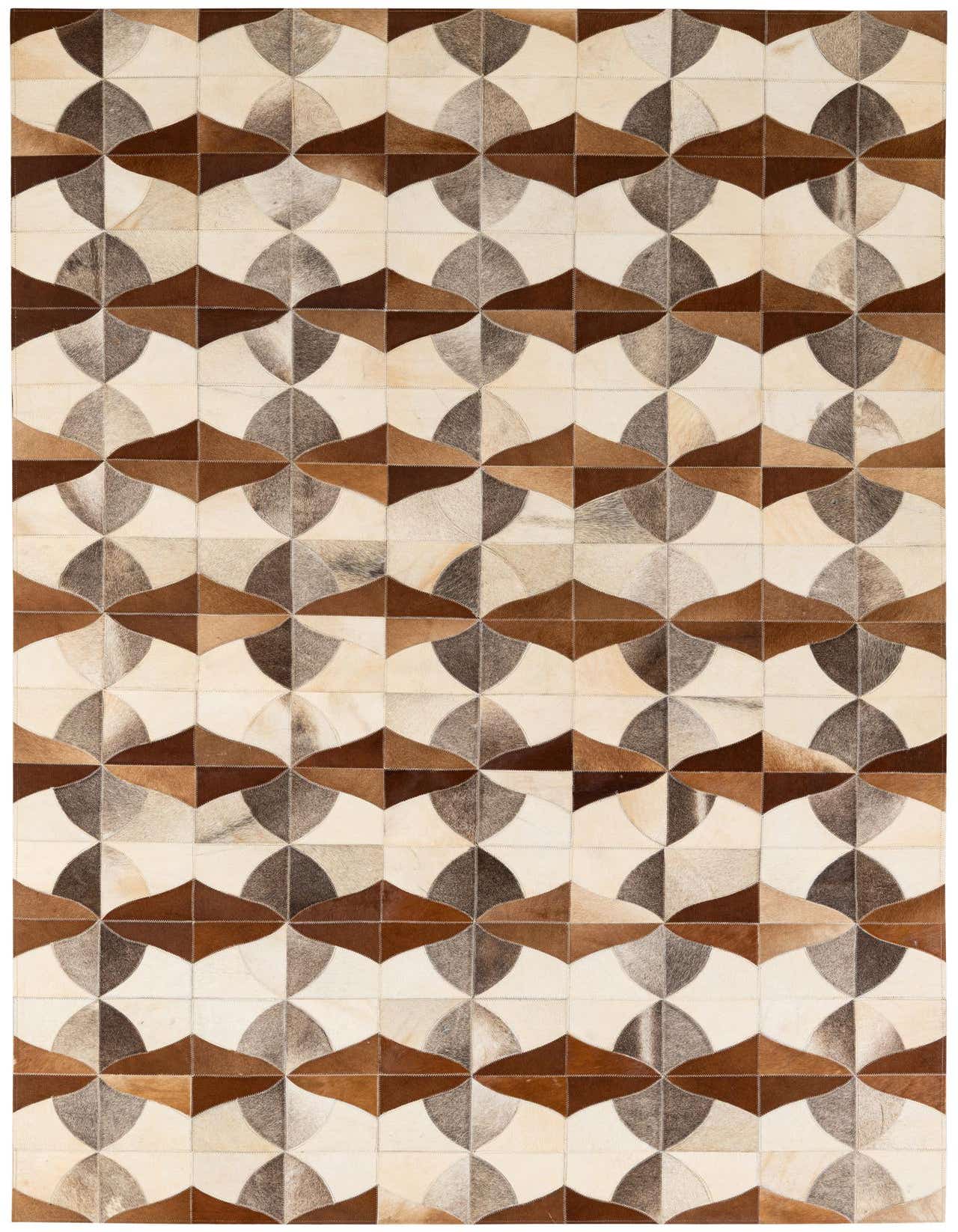 A 5x8 rectangular Cowhide Patchwork rug with a modern geometric pattern in shades of brown, beige, and gray.