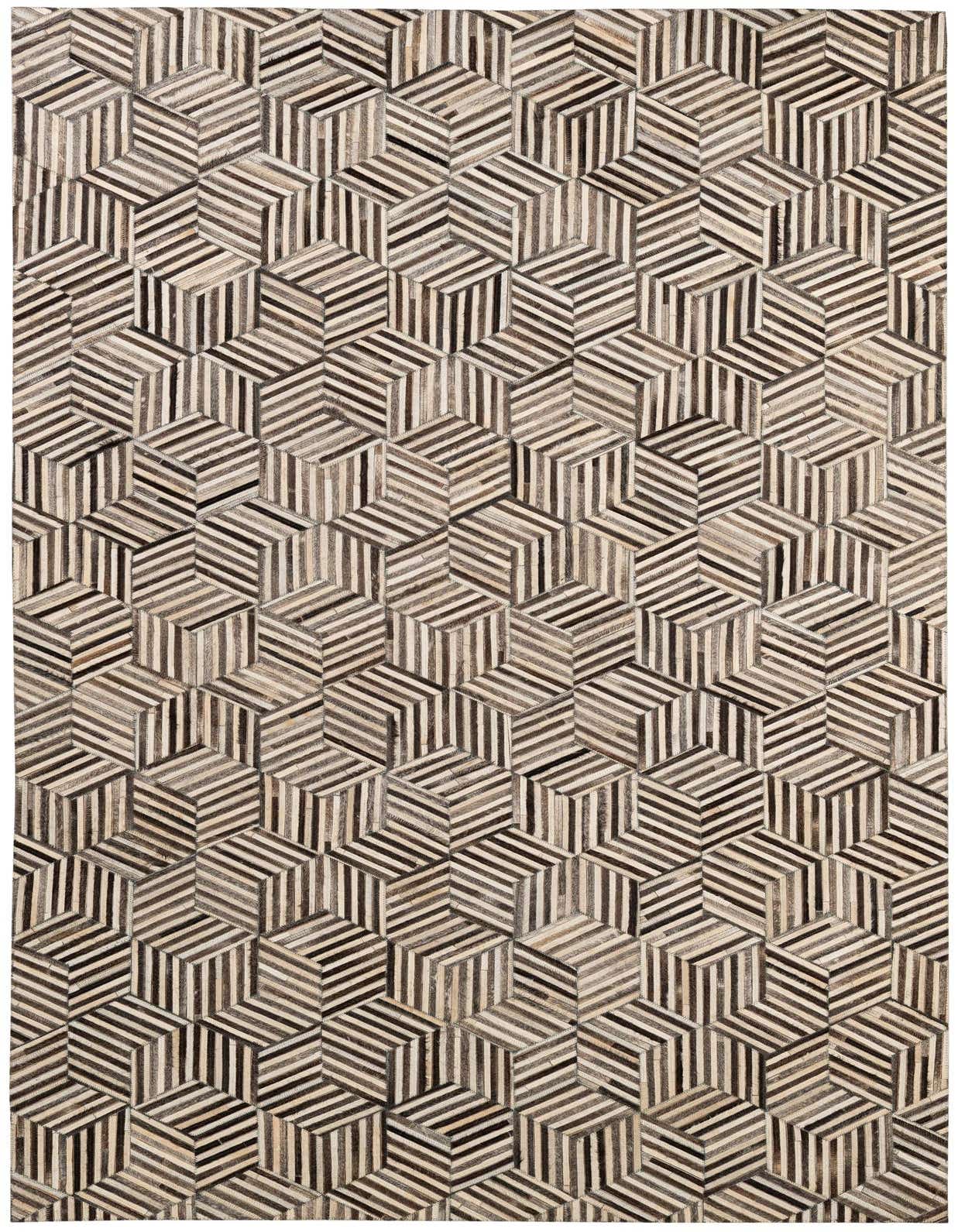 A 5x8 rectangular Cowhide Patchwork rug featuring a modern geometric pattern of multi-colored hexagonal cubes.