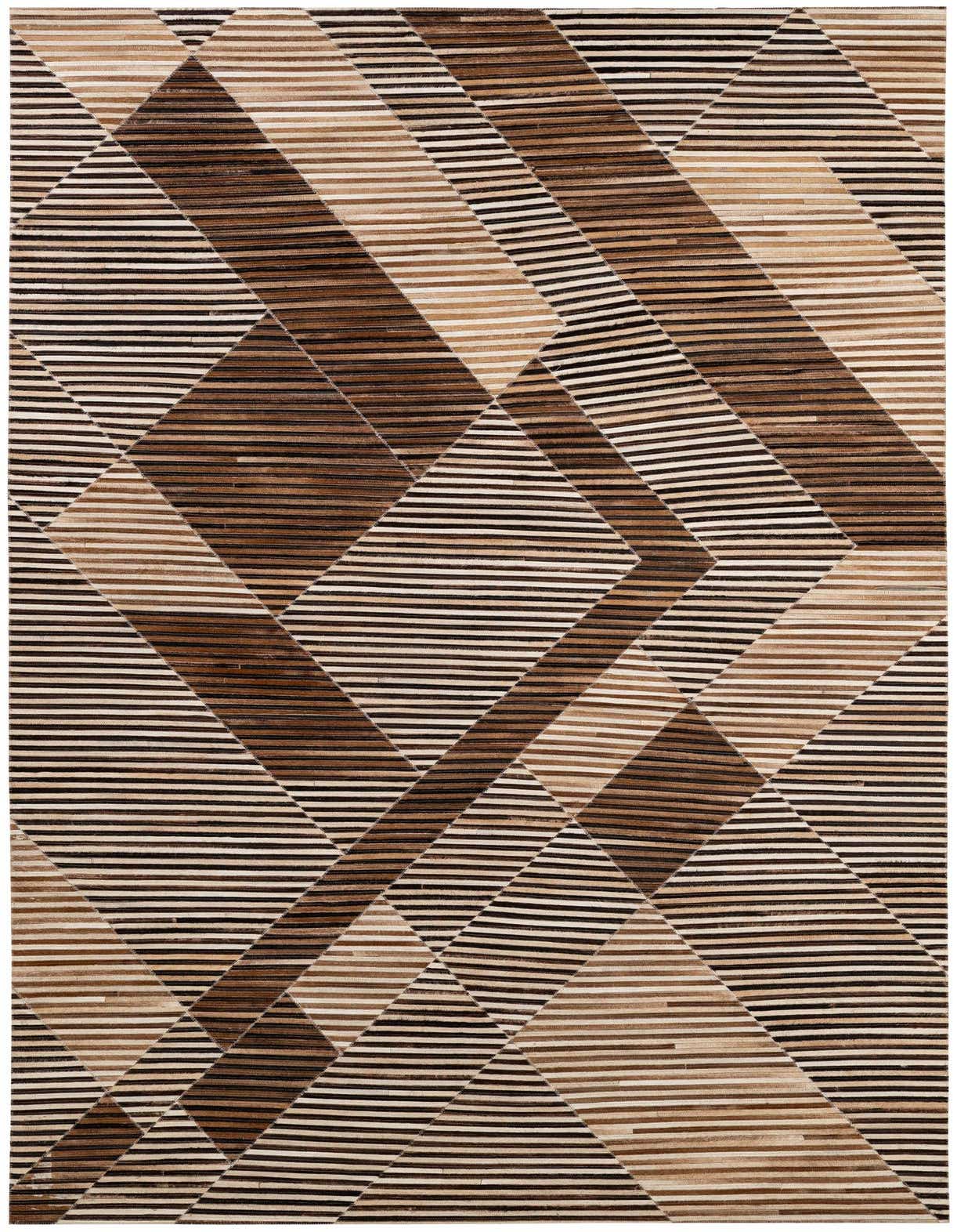 A 5x8 rectangular Cowhide Patchwork rug featuring a modern stripe pattern in various shades of brown and beige.