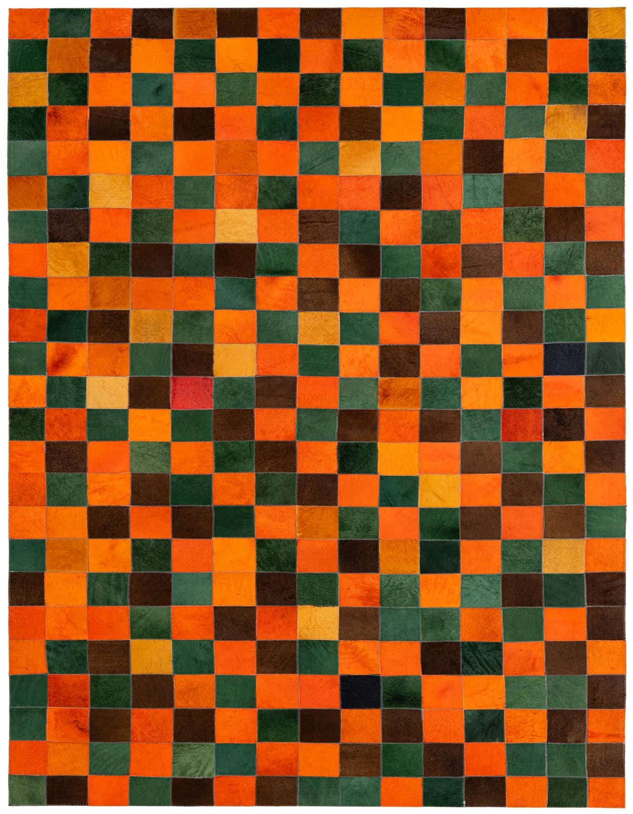 A 5x8 rectangular Cowhide Patchwork rug featuring a modern checkerboard pattern in vibrant orange, deep green, and various brown tones.