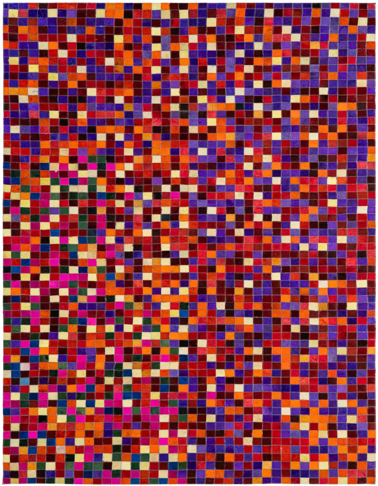 A 5x8 rectangular multi-colored patchwork cowhide rug with a modern pixelated pattern, ideal for a living room.