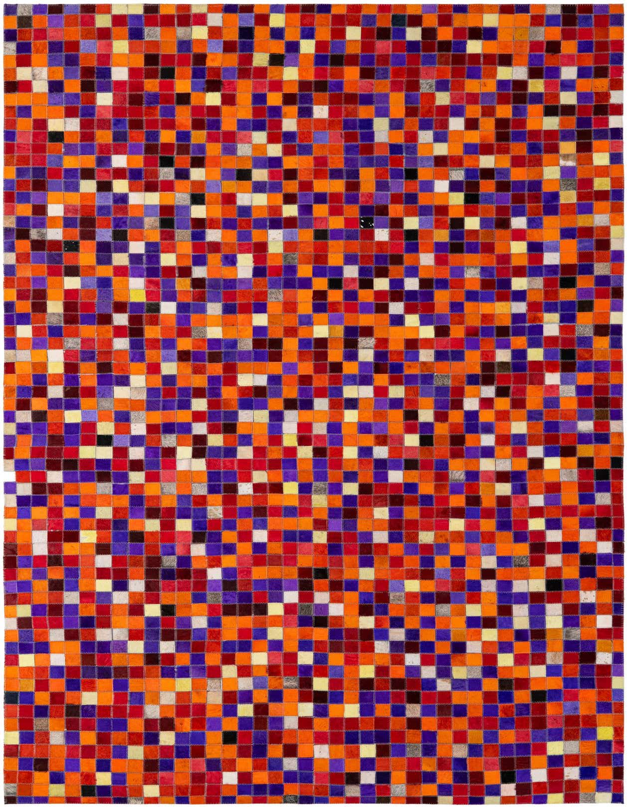 A 5x8 rectangular multi-colored modern patchwork rug made from cowhide and leather, featuring small squares of vibrant orange, purple, red, and cream.