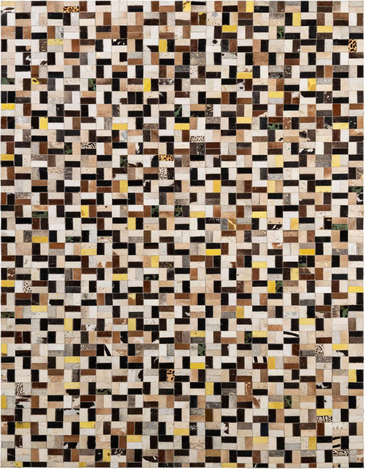 A 5x8 rectangular Cowhide Patchwork rug featuring a modern multi-colored design with various natural hide tones and yellow accents.