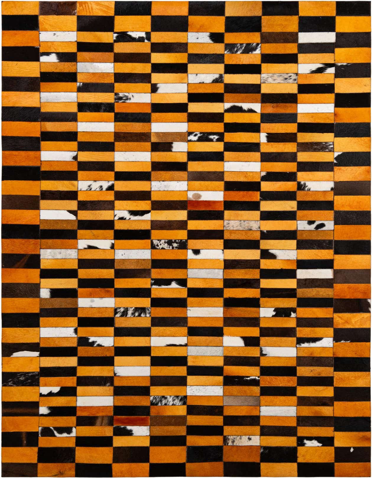 A 5x8 rectangular Cowhide Patchwork rug featuring a modern stripe pattern in multi-colored natural cowhide and leather.