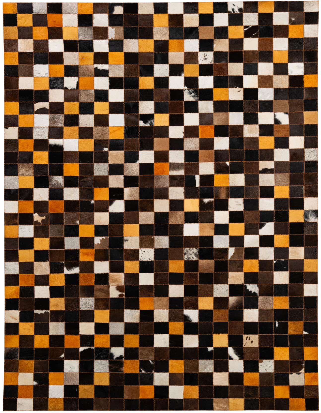 A rectangular 5x8 modern patchwork cowhide rug with squares of black, brown, white, and orange.