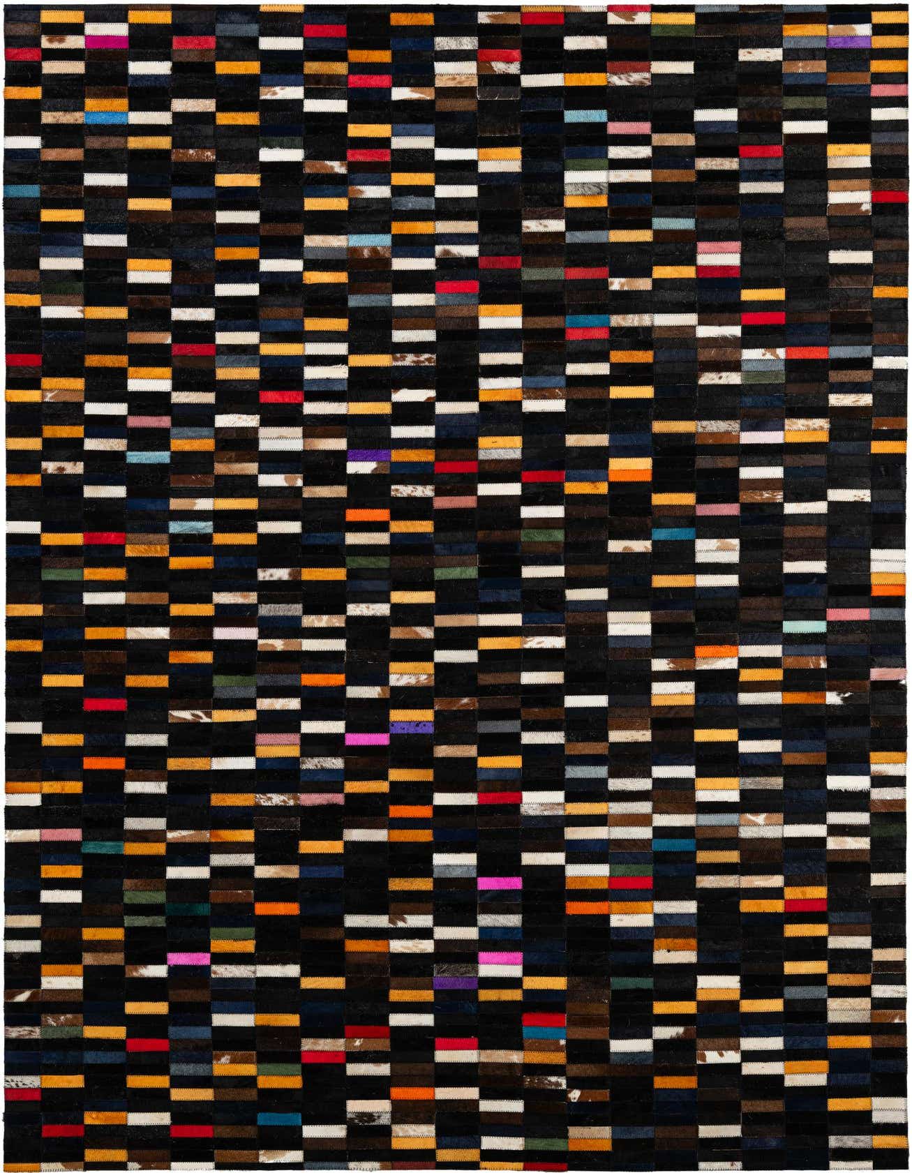 A 5x8 rectangular Cowhide Patchwork rug featuring a modern stripe pattern with multi-colored rectangular patches on a dark background.