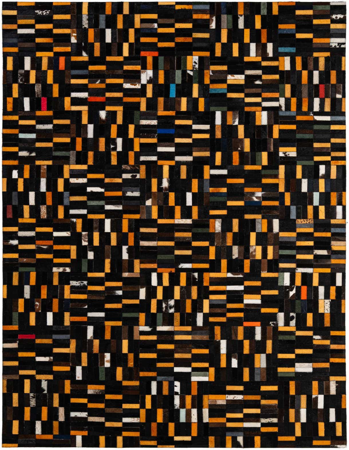 A 5x8 rectangular Cowhide Patchwork rug with a modern stripe pattern in multi-colored hues, perfect for a living room.