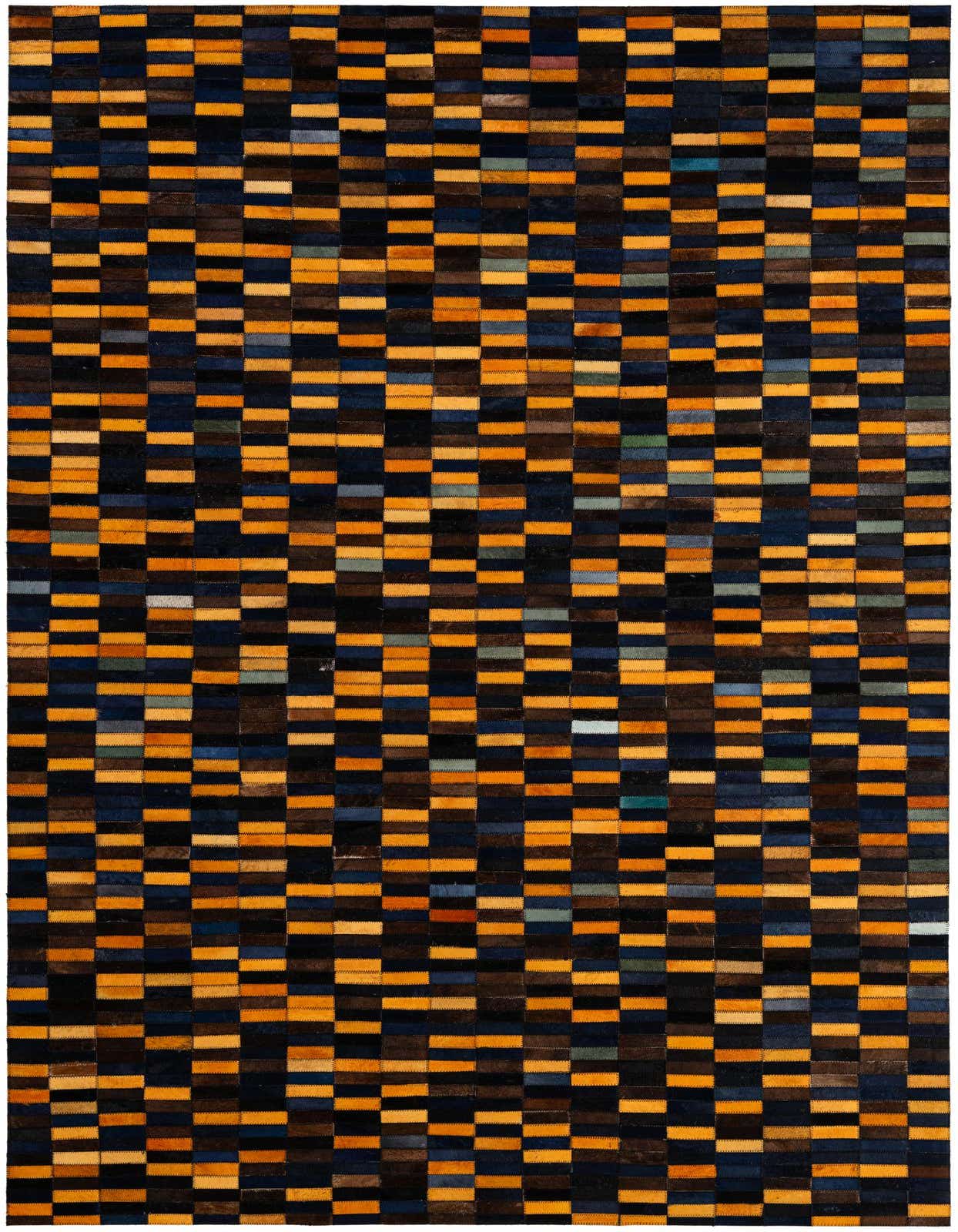 A rectangular 5x8 multi-colored modern rug featuring a patchwork stripe pattern of cowhide and leather in varying shades of black, brown, blue, and orange.
