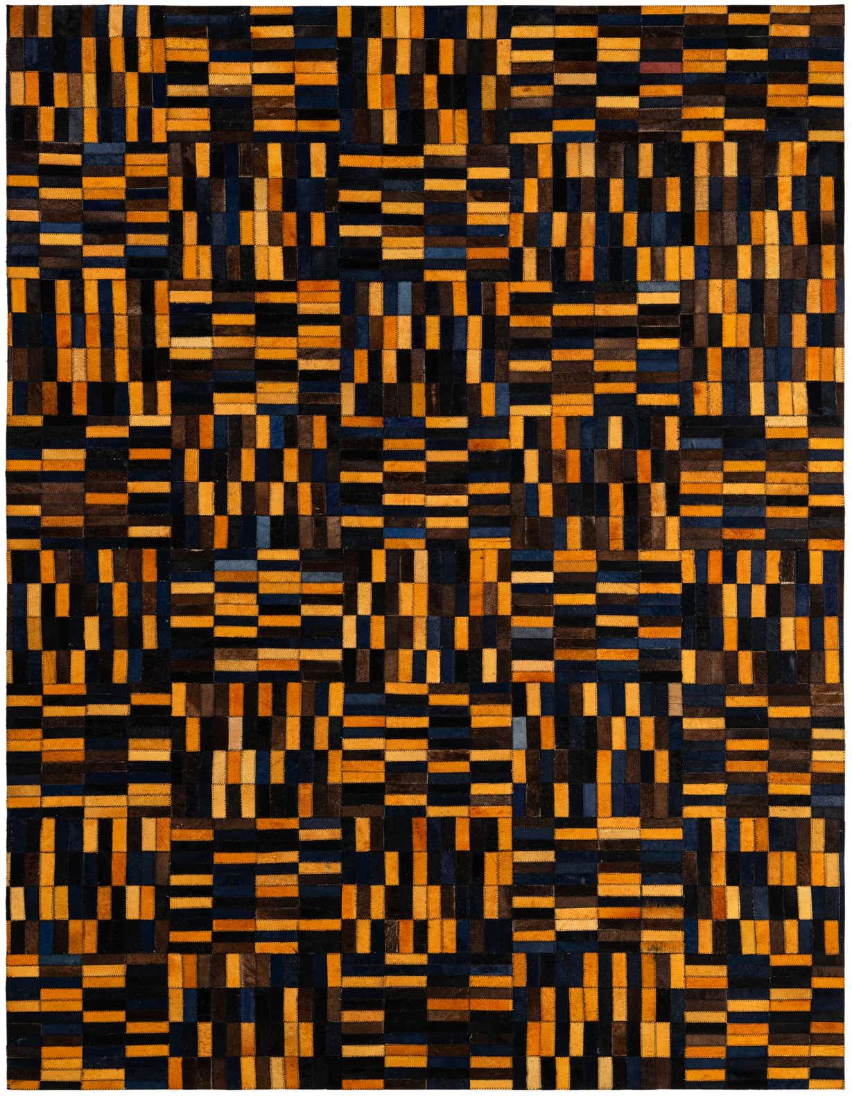 A 5x8 rectangular Cowhide Patchwork rug featuring a modern pattern of multi-colored rectangles in varying shades of brown, black, and blue.