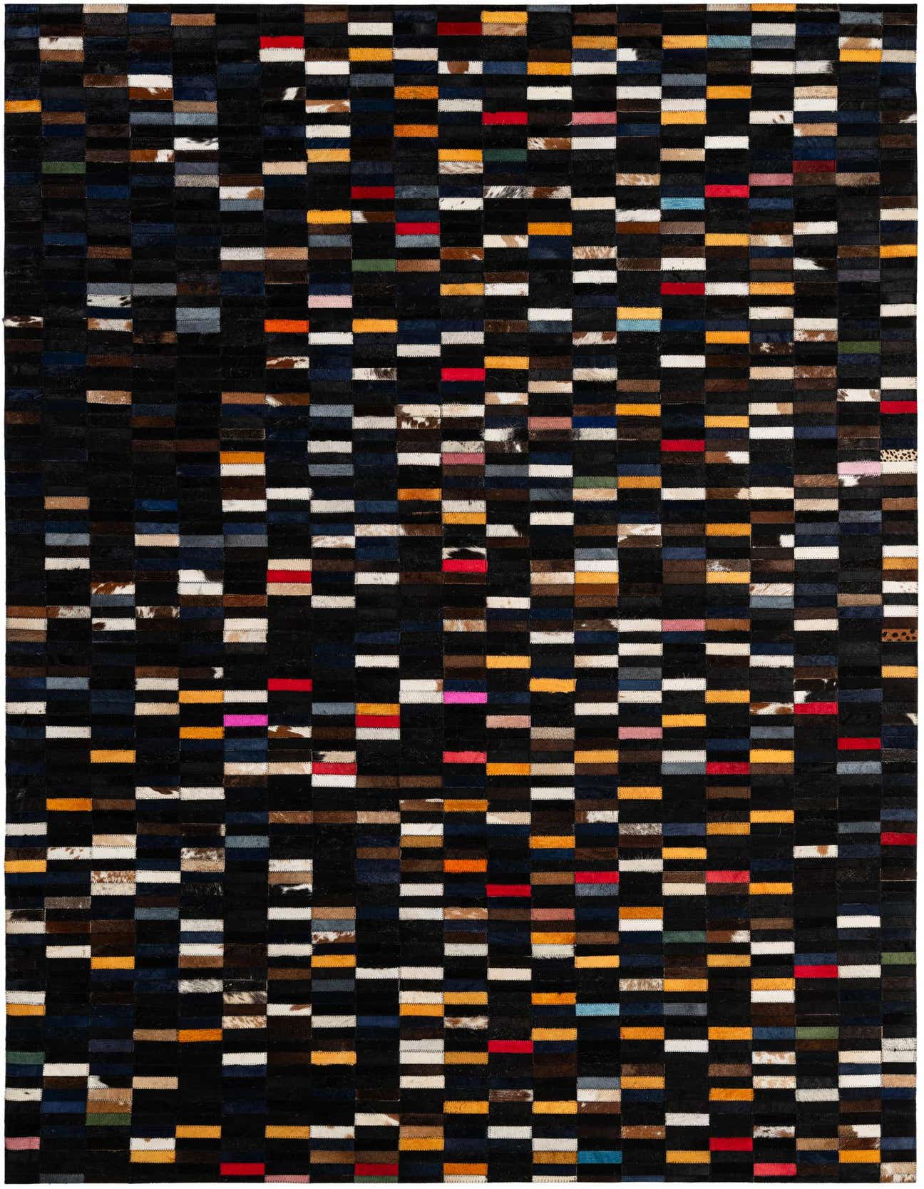 A rectangular 5x8 multi-colored modern patchwork rug made from cowhide and leather, featuring black, white, red, orange, blue, and brown rectangular patches.