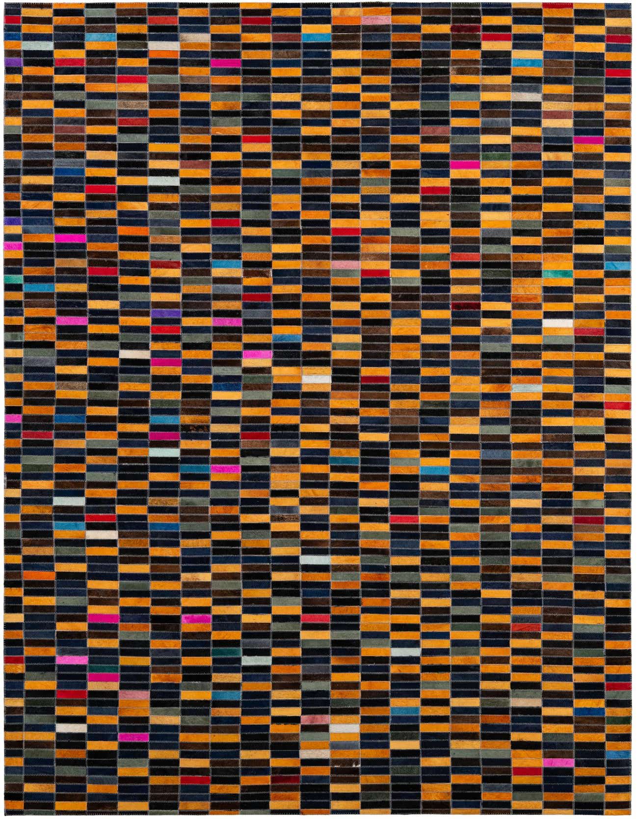 A 5x8 rectangular Cowhide Patchwork rug featuring a modern stripe pattern in multi-colored hues, ideal for a living room or bedroom.