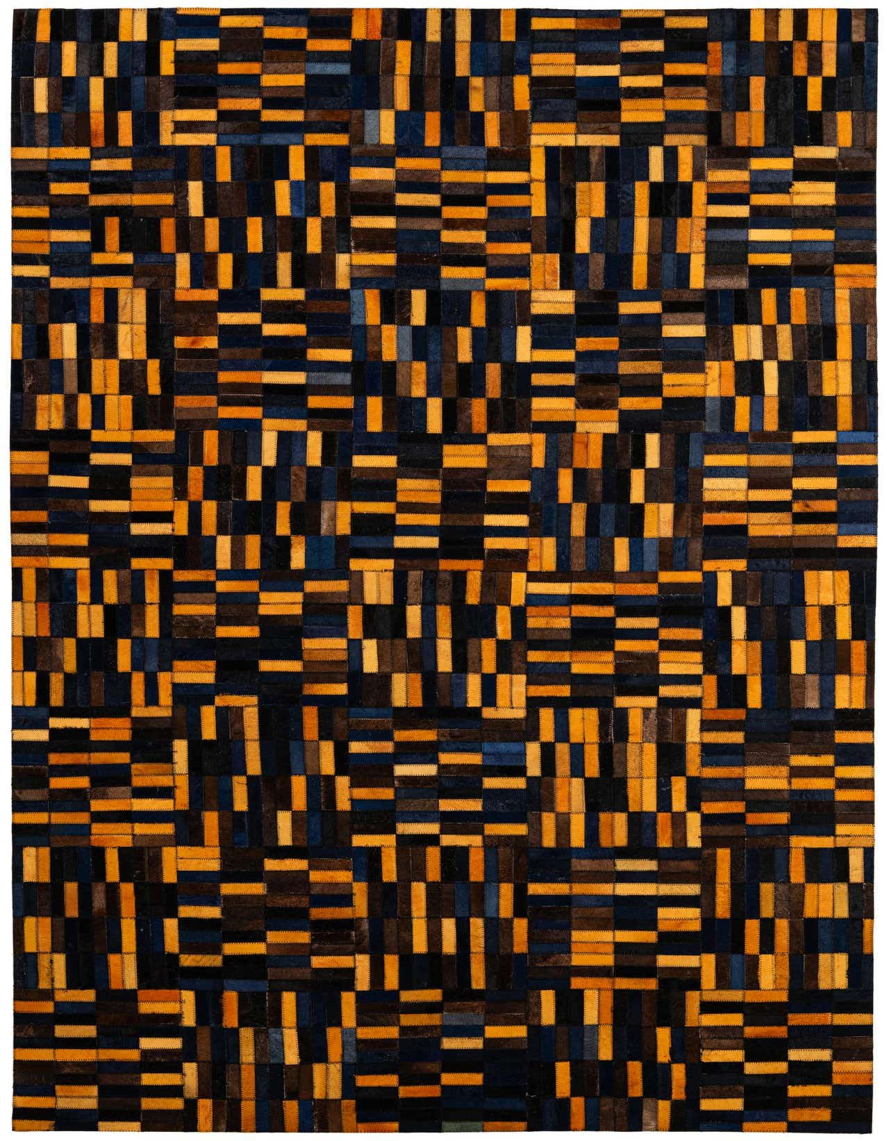A 5x8 rectangular modern cowhide rug featuring a patchwork design of multi-colored rectangular leather pieces in varying shades of black, blue, and gold.