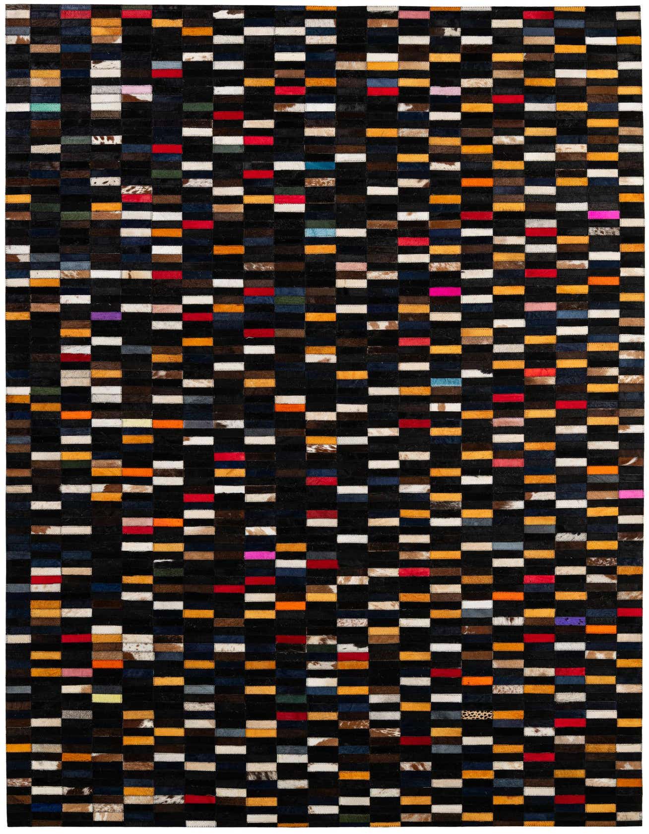 A 5x8 rectangular Cowhide Patchwork rug featuring a modern stripe pattern with multi-colored leather squares on a dark background.