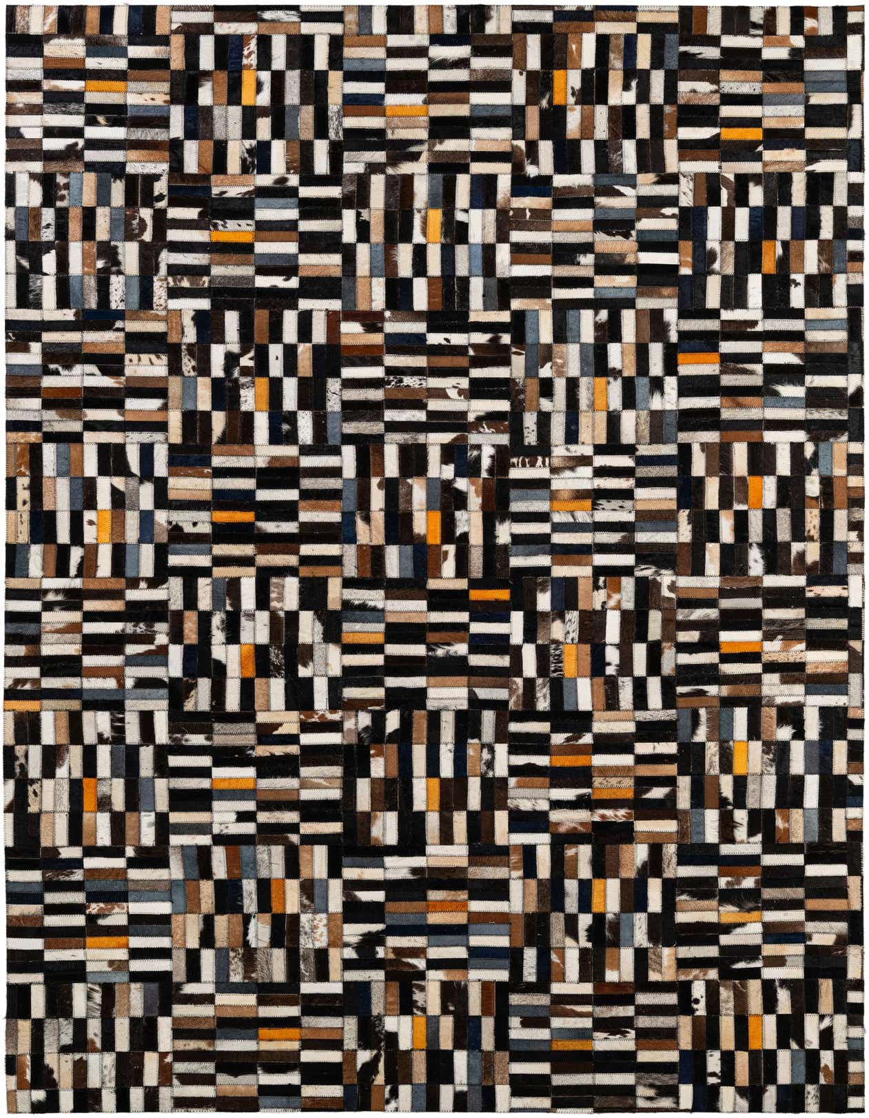 A 5x8 rectangular multi-colored modern patchwork cowhide rug with stripes of black, white, brown, blue, and orange.