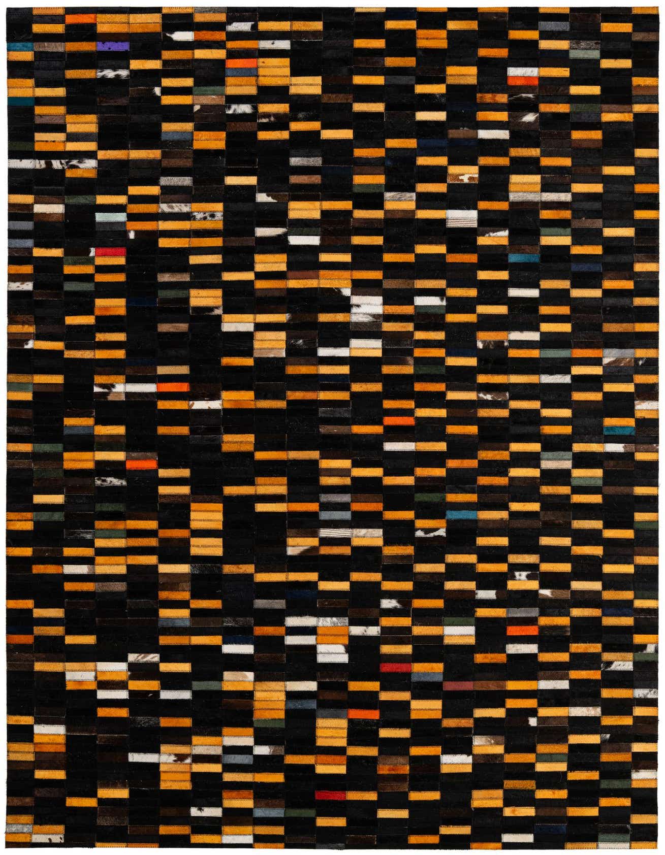 A 5x8 rectangular Cowhide Patchwork rug featuring a modern stripe pattern in multi-colored hues, ideal for a living room.