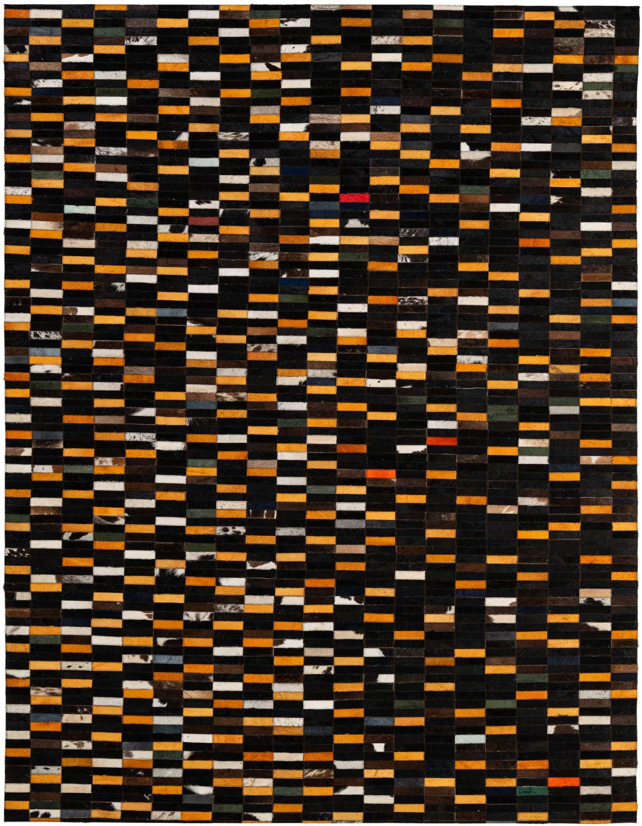 A 5x8 rectangular Cowhide Patchwork rug featuring a modern stripe pattern in multi-colored hues, perfect for a living room.