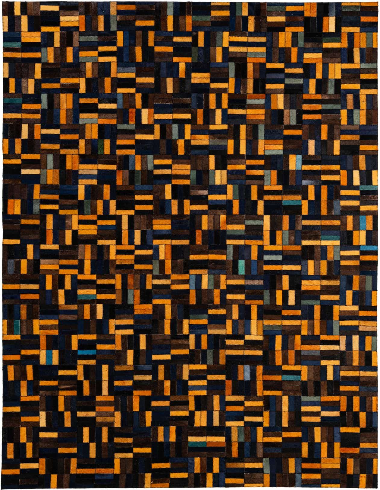 A 5x8 rectangular Cowhide Patchwork rug featuring a modern Scandinavian stripe pattern in multi-colored hues.