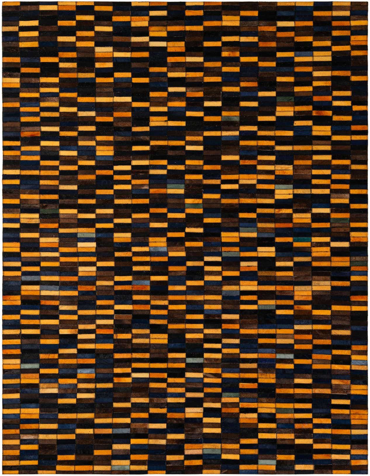 A 5x8 rectangular Cowhide Patchwork rug featuring a modern stripe pattern in multi-colored hues of gold, brown, and blue.