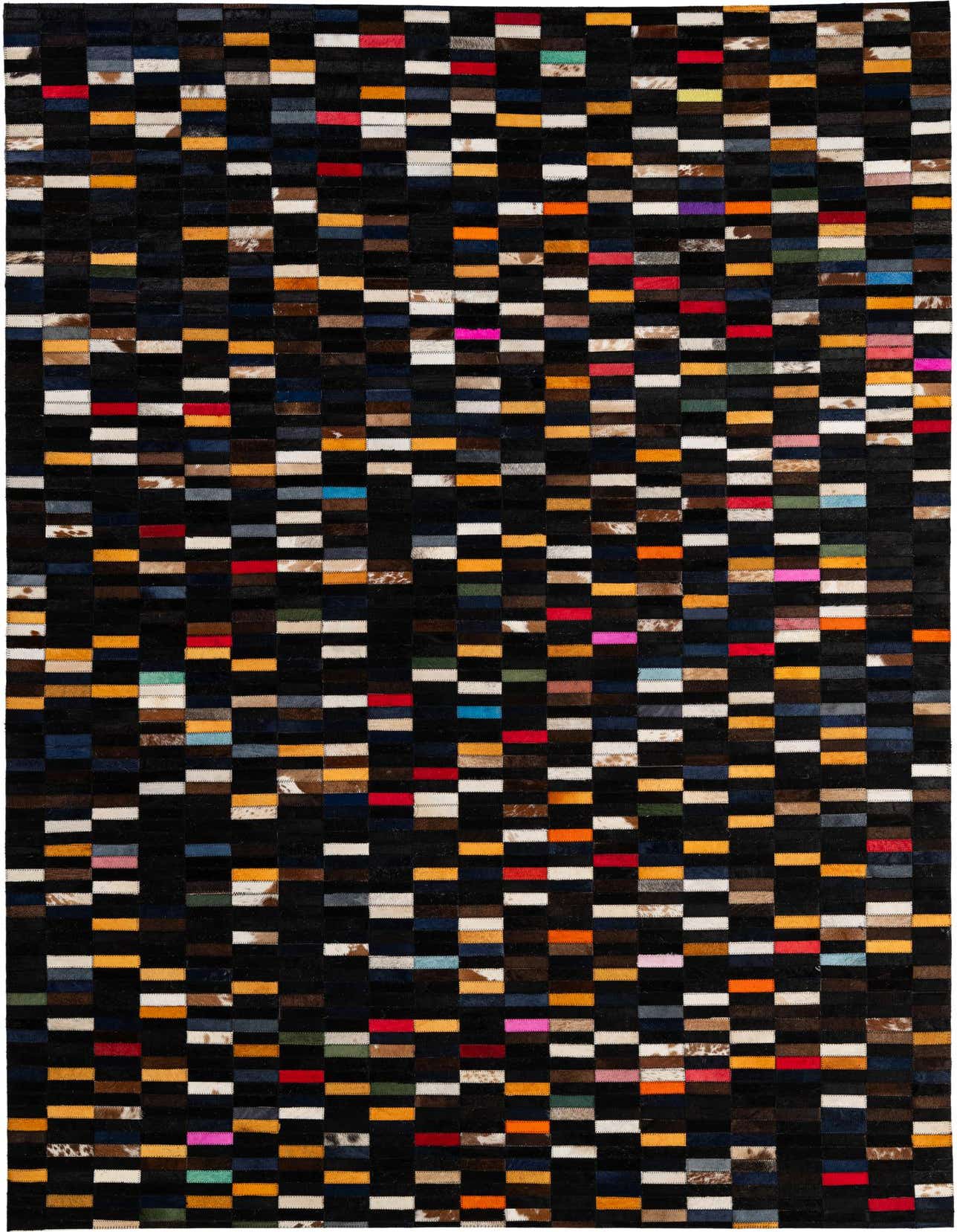 A 5x8 rectangular Cowhide Patchwork rug featuring a modern stripe pattern with multi-colored rectangular patches on a dark background.