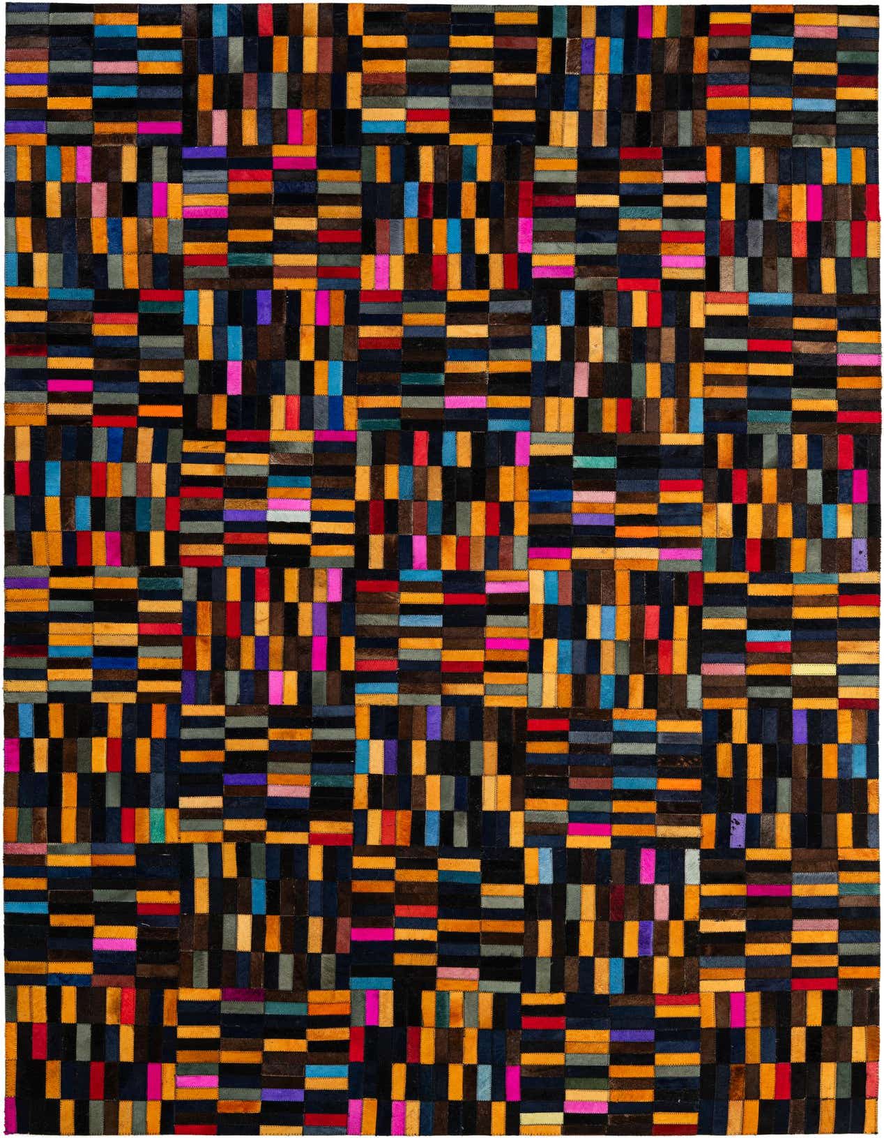 A rectangular 5x8 modern patchwork rug made from multi-colored cowhide and leather, featuring horizontal and vertical stripes in vibrant hues.