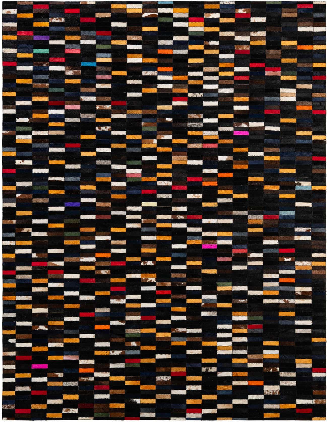 A rectangular 5x8 modern patchwork cowhide rug with multi-colored horizontal stripes on a black background.