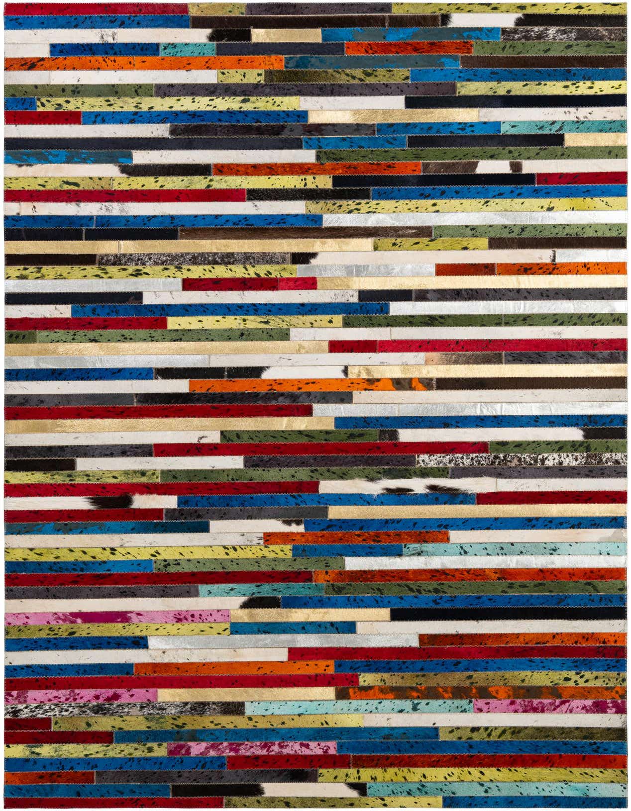 A vibrant 5x8 rectangular Cowhide - Patchwork rug featuring horizontal strips of multi-colored cowhide and leather in a modern style.