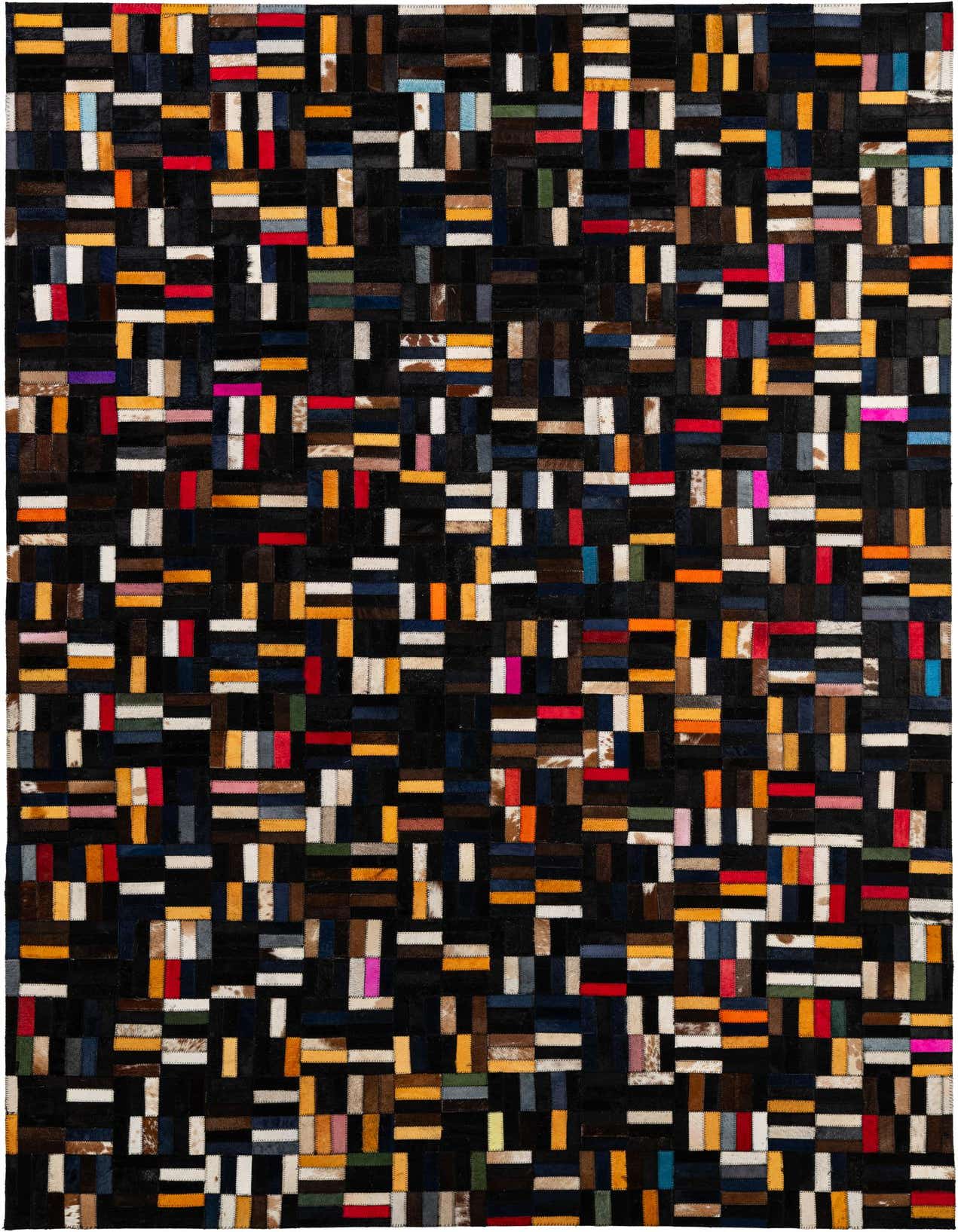 A 5x8 rectangular Cowhide Patchwork rug featuring a modern stripe pattern with multi-colored leather and cowhide patches on a dark background.