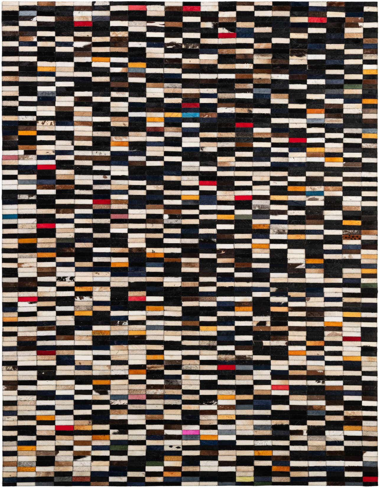 A 5x8 rectangular Cowhide Patchwork rug featuring a modern stripe pattern in multi-colored hues, ideal for a living room.
