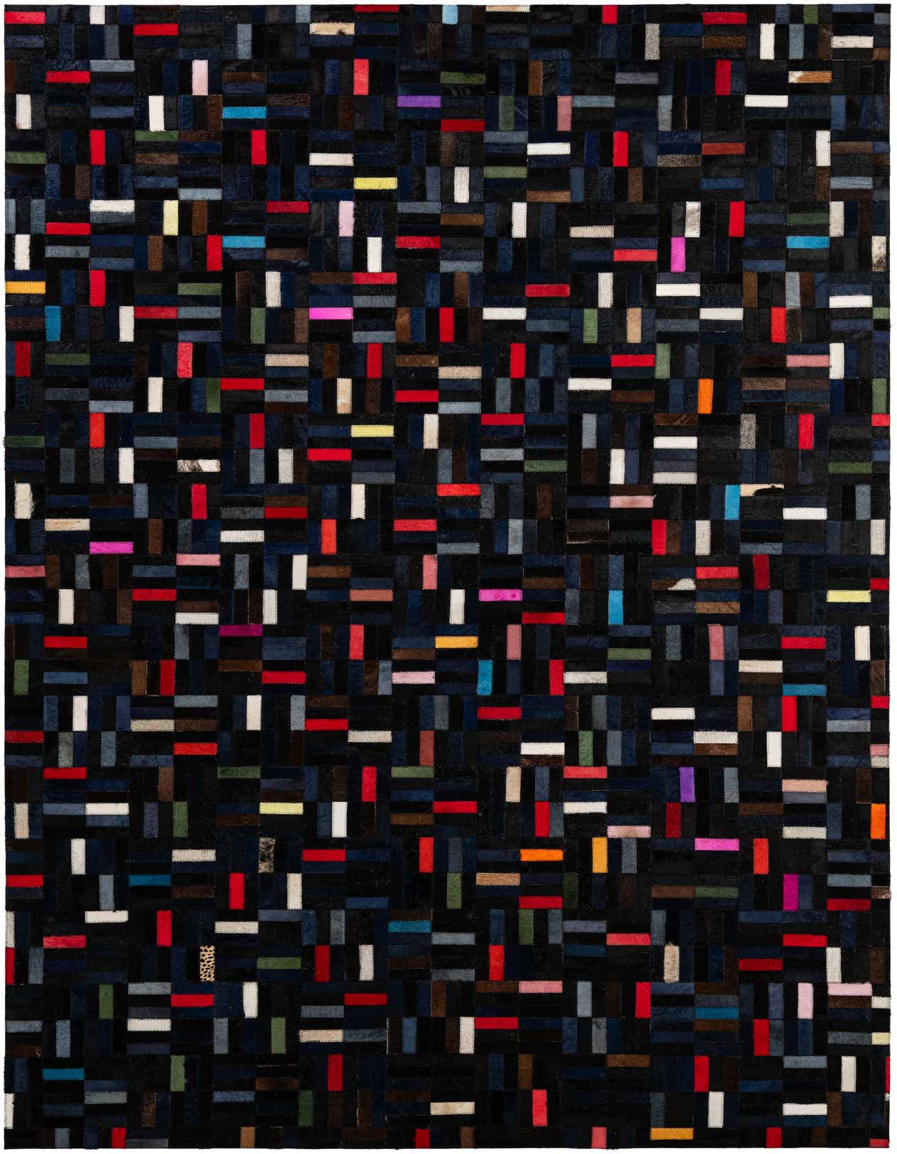 A 5x8 rectangular Cowhide Patchwork rug featuring a modern stripe pattern with multi-colored rectangular patches on a dark background.