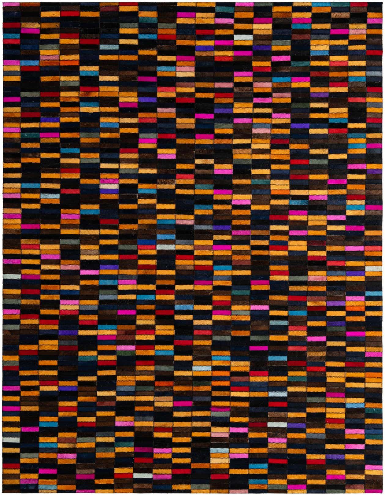A 5x8 rectangular Cowhide Patchwork rug featuring a modern stripe pattern with multi-colored leather patches on a dark background.