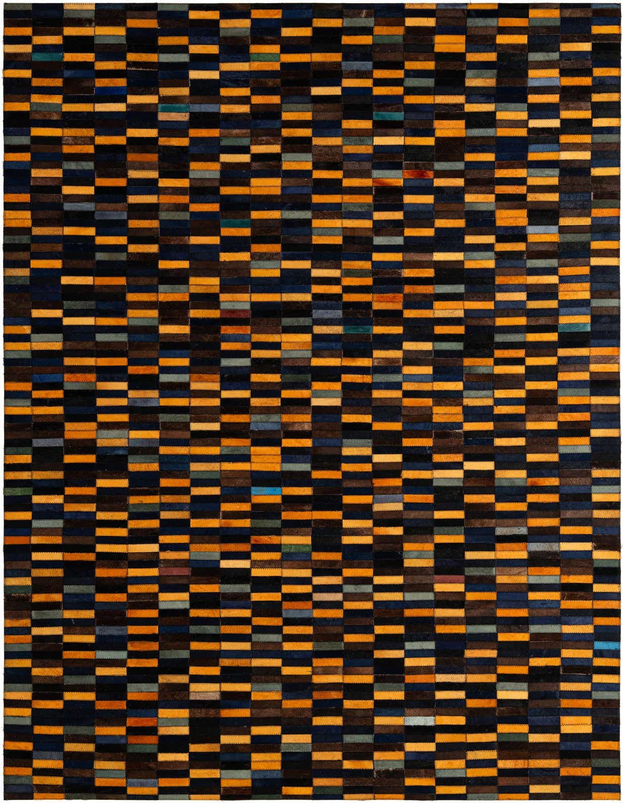 A 5x8 rectangular Cowhide Patchwork rug featuring a modern pattern of multi-colored rectangles in various shades of orange, blue, brown, and black.