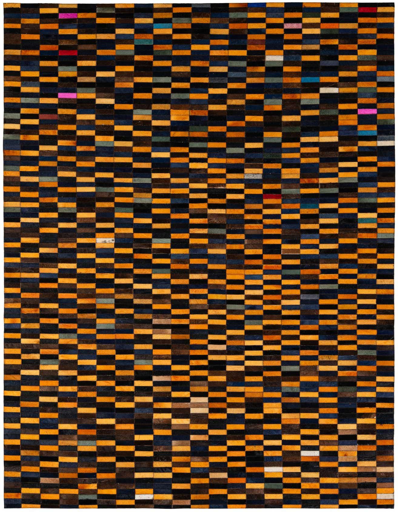 A 5x8 rectangular Cowhide Patchwork rug featuring a modern, multi-colored checkerboard pattern of orange, black, blue, and brown rectangles.