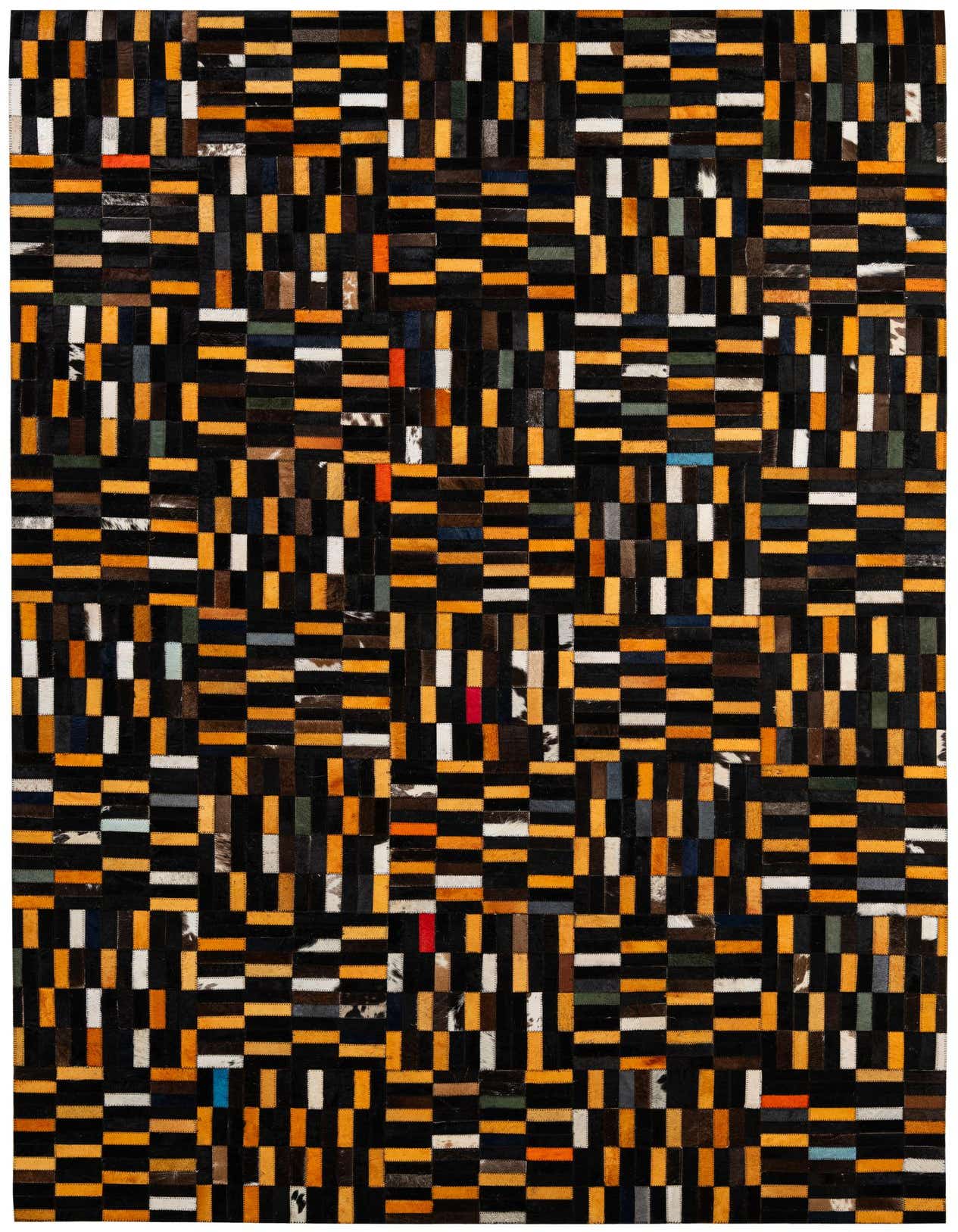 A 5x8 rectangular Cowhide Patchwork rug featuring a modern geometric pattern of multi-colored rectangles, including black, brown, tan, white, and hints of red and blue.