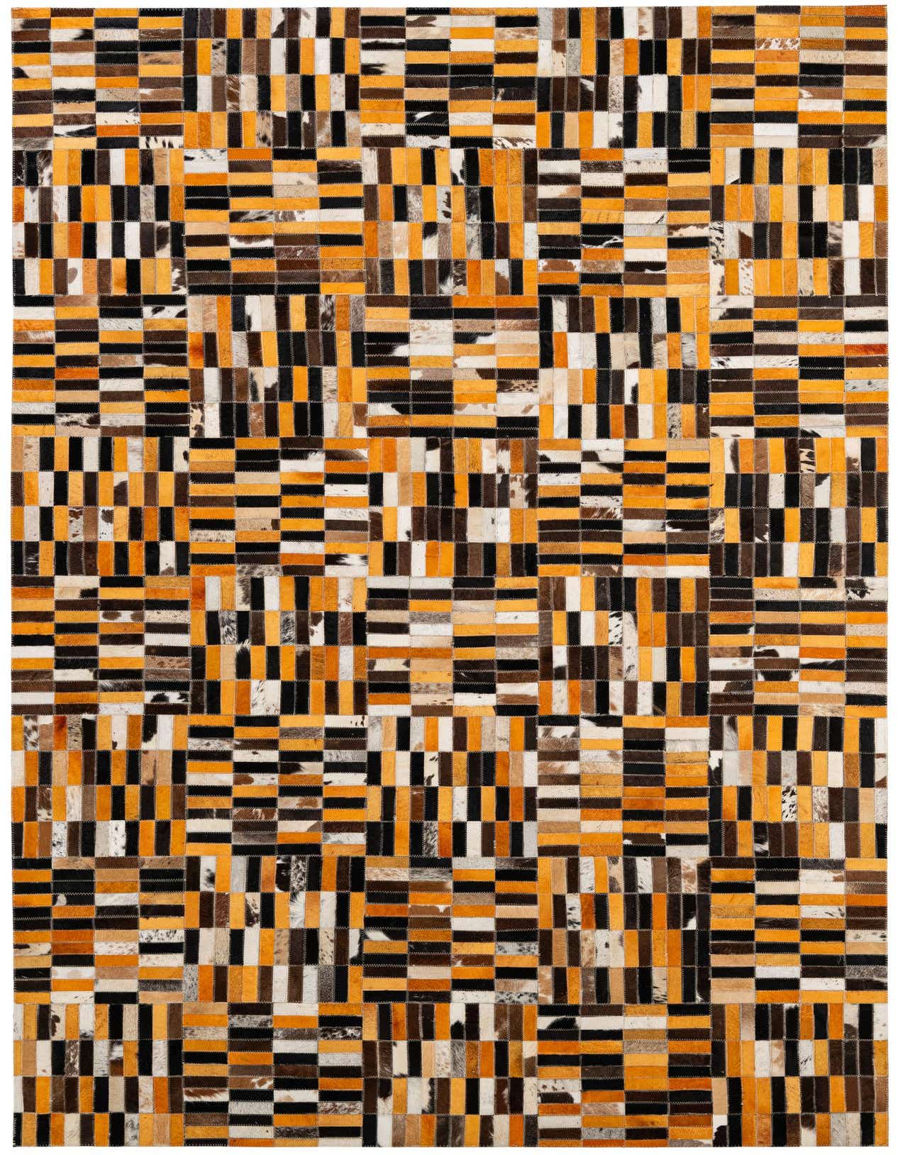 A 5x8 rectangular Cowhide Patchwork rug featuring a modern stripe pattern in multi-colored natural cowhide and leather.