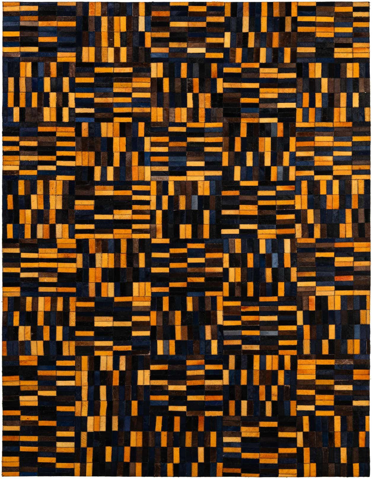 A 5x8 rectangular modern cowhide rug with a patchwork pattern of multi-colored leather rectangles in varying shades of brown, orange, and blue.