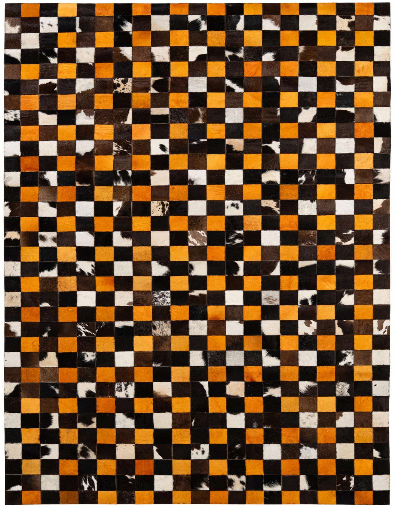 A 5x8 rectangular modern patchwork cowhide rug with a checkerboard pattern in black, white, brown, and orange tones.