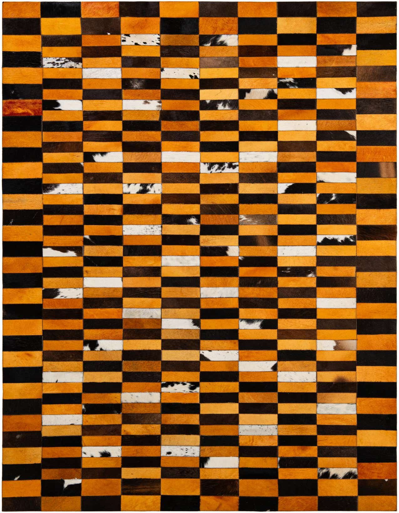 A 5x8 rectangular cowhide rug featuring a modern patchwork stripe pattern in black, orange, and white.