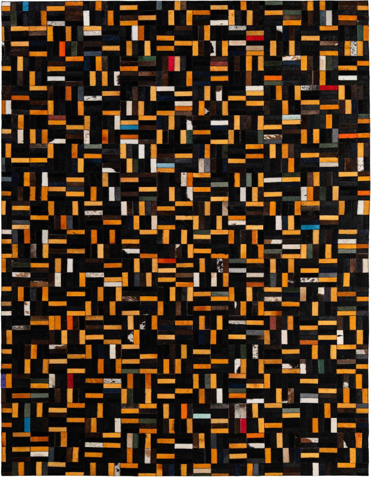 A 5x8 rectangular Cowhide - Patchwork rug featuring a modern stripe pattern with multi-colored cowhide and leather pieces.