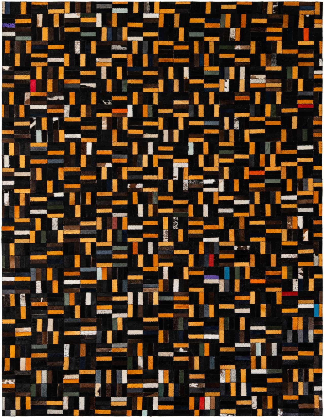 A 5x8 rectangular Cowhide Patchwork rug featuring a modern stripe pattern with black, orange, and multi-colored leather pieces.
