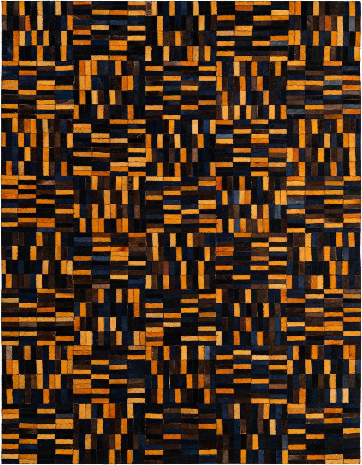 A 5x8 rectangular cowhide rug with a modern patchwork stripe pattern in multi-colored shades of blue, brown, and orange.
