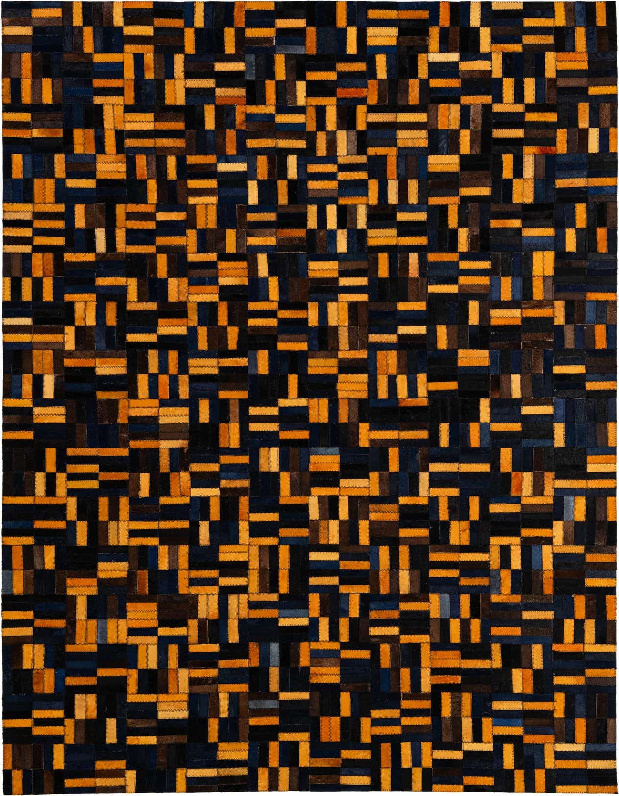 A 5x8 rectangular Cowhide Patchwork rug featuring a modern stripe pattern in various shades of brown, black, and blue.