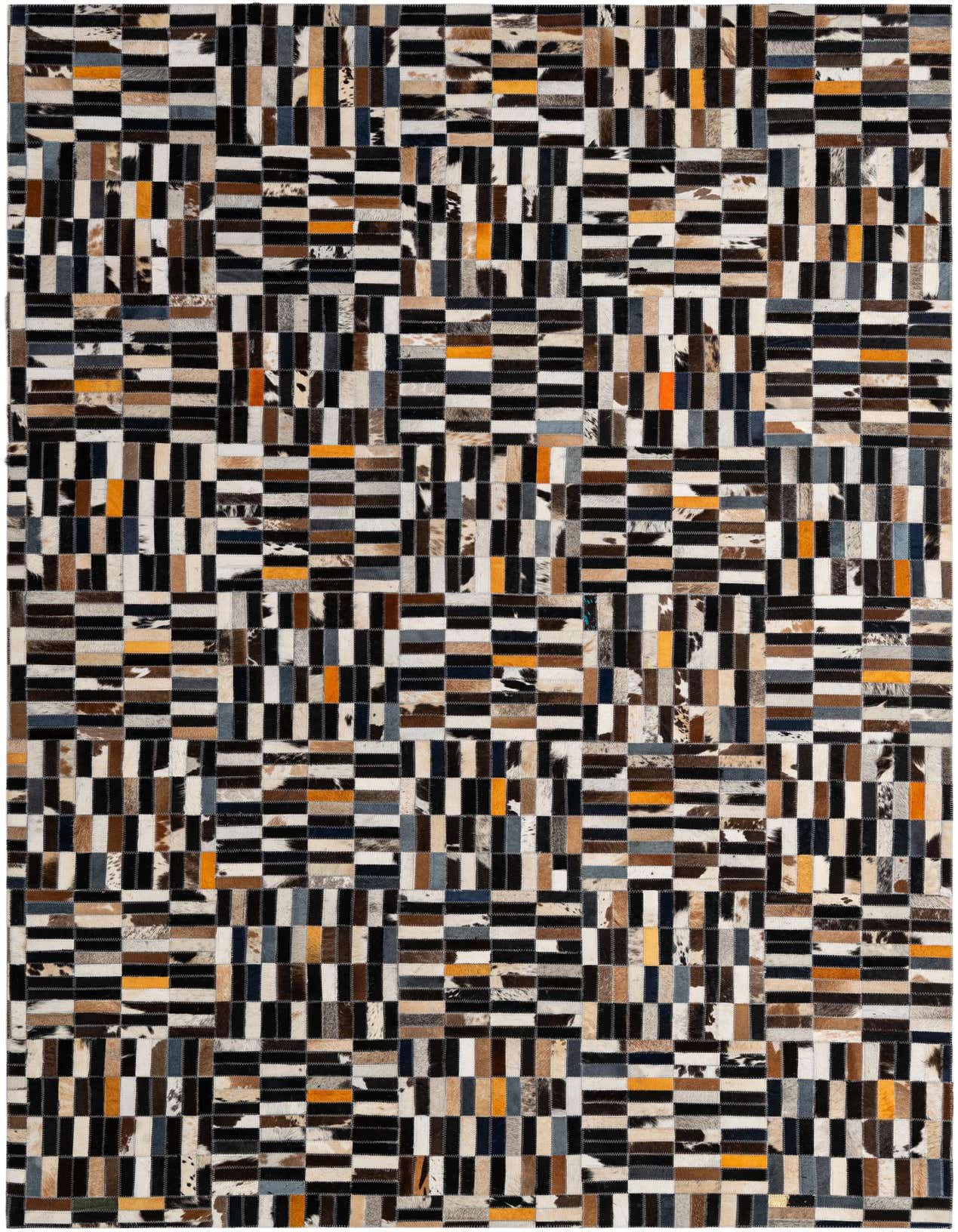 A 5x8 rectangular Cowhide Patchwork rug featuring a modern stripe pattern in multi-colored natural cowhide and leather.