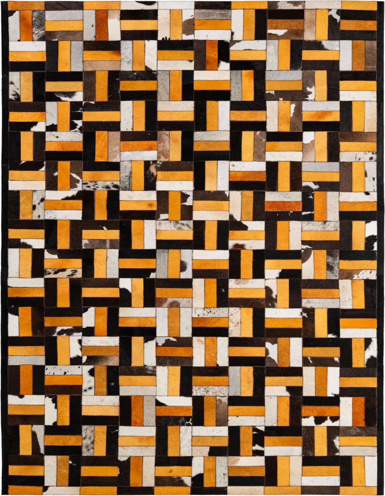 A 5x8 rectangular Cowhide Patchwork rug featuring a modern stripe pattern in multi-colored natural cowhide and leather.