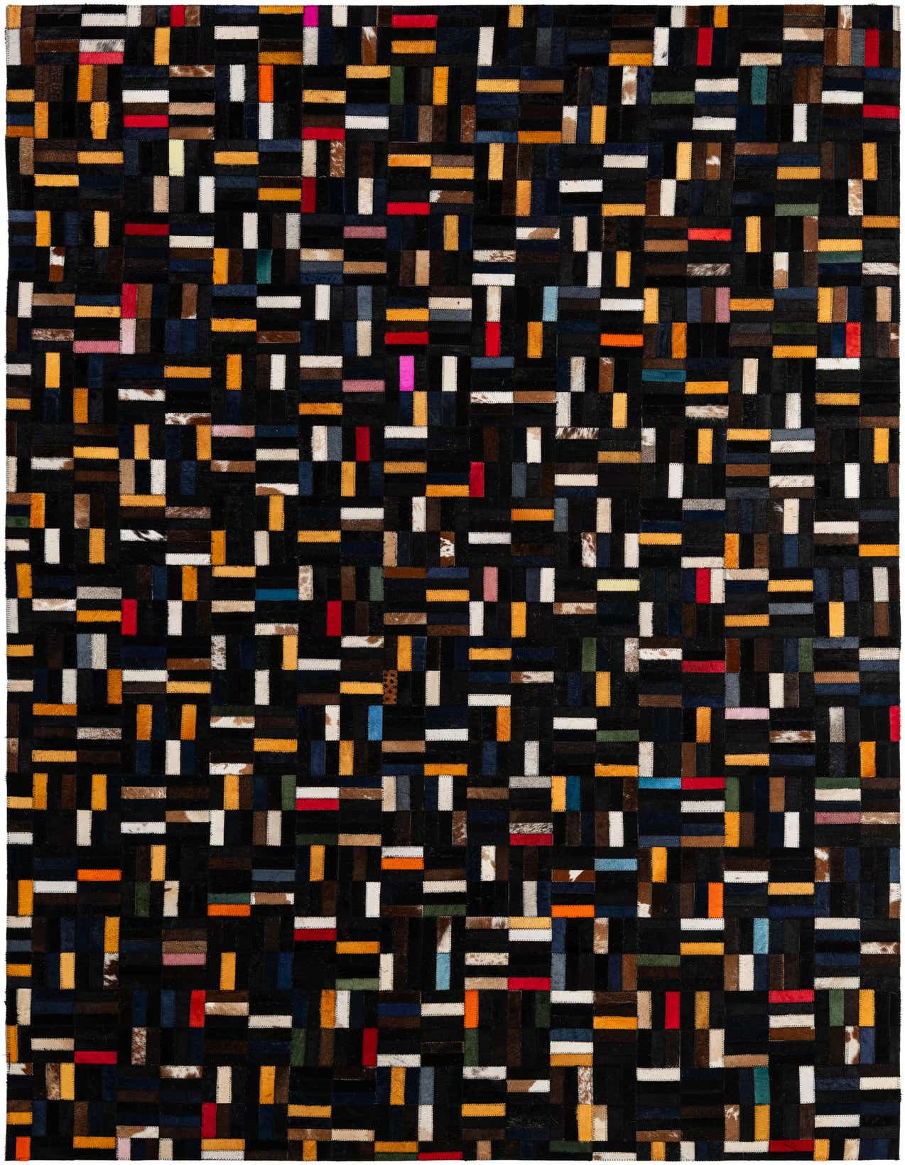 A 5x8 rectangular Cowhide Patchwork rug featuring a modern multi-colored design with black, brown, white, red, orange, blue, and pink rectangular patches.